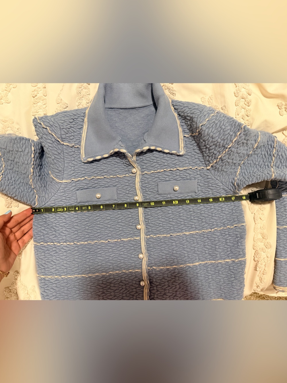 Sandro Light Blue Textured Pearl-Button Jacket and skirt - Picture 4 of 10